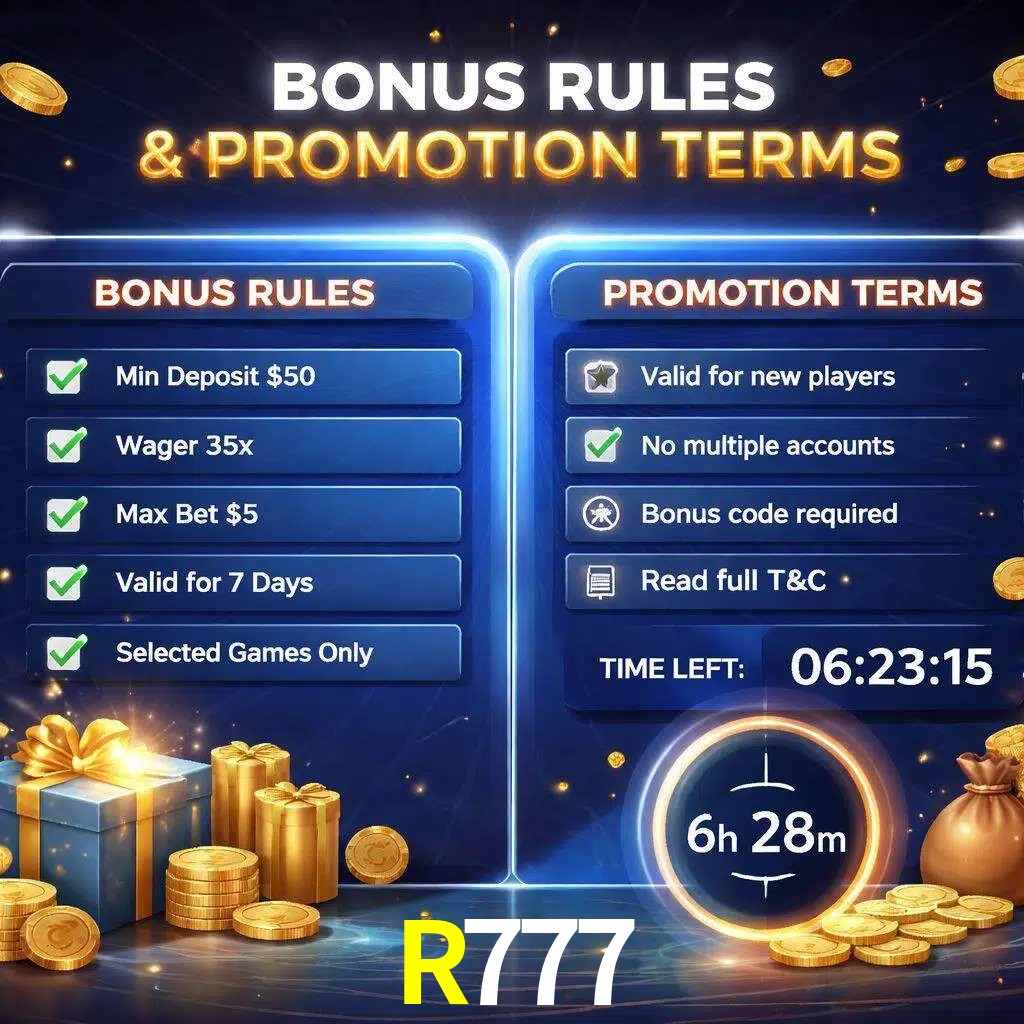 Reglas de promoción R777 y condiciones de bonos explicadas visualmente