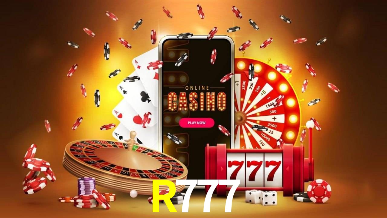 Una escena digital vívida inspirada en casino con R777 mostrado prominentemente, luces brillantes, fichas, cartas y acentos dorados.
