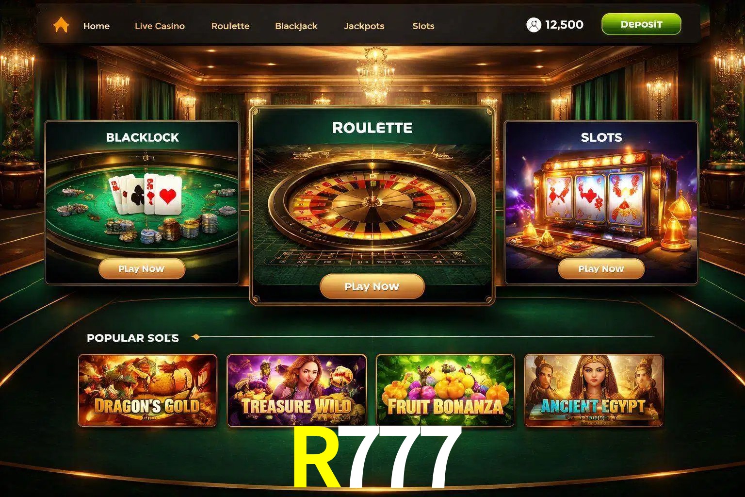 Vista de la plataforma R777 Casino mostrando categorías organizadas de juegos en línea