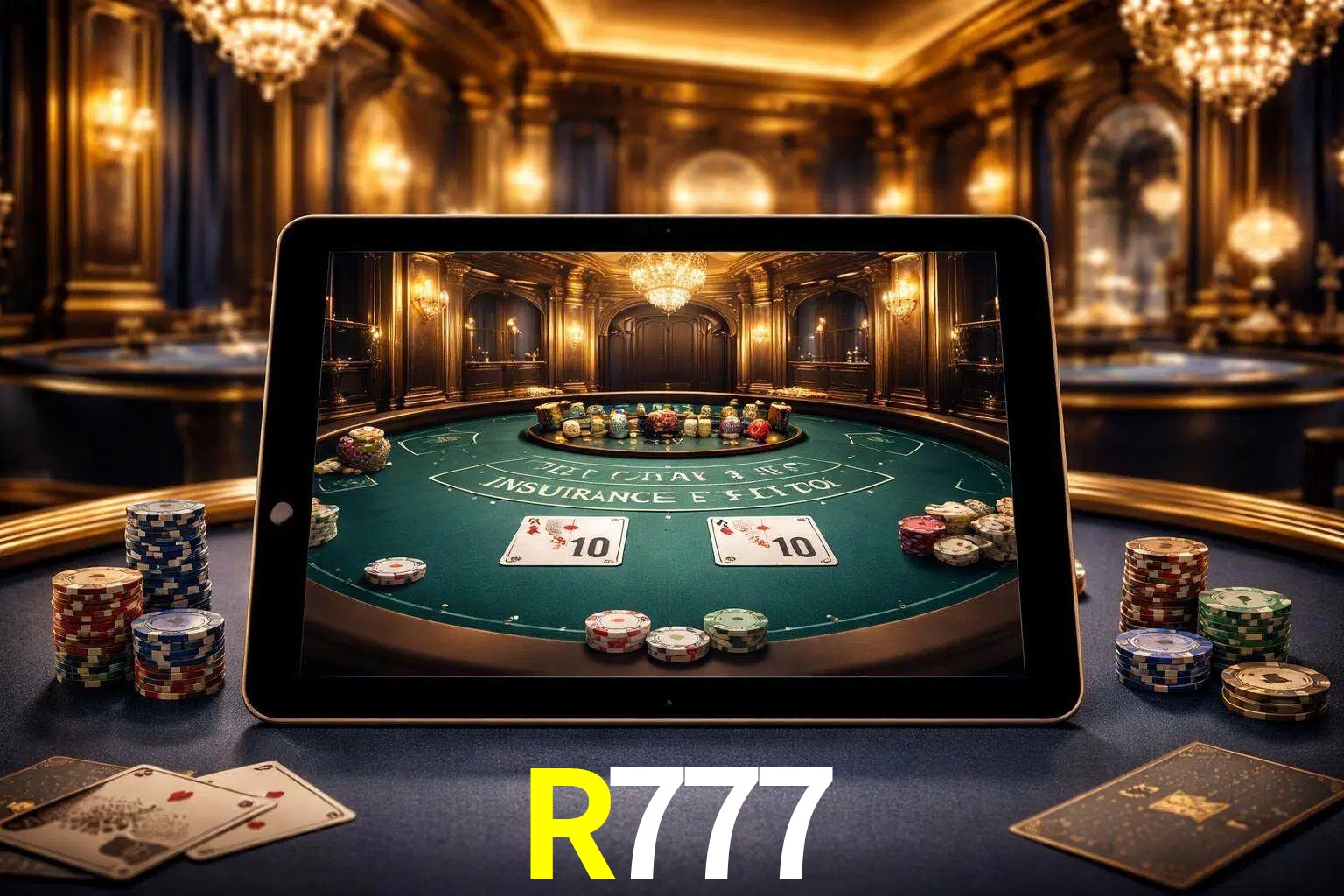 Configuración moderna de casino en vivo con una tableta mostrando una mesa de blackjack, luces cálidas de estudio y una atmósfera elegante de juegos digitales.