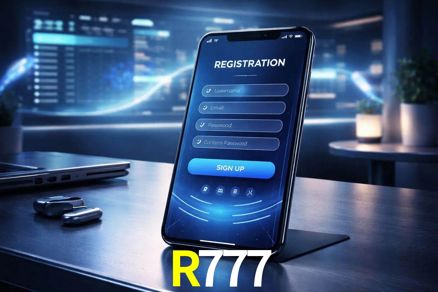 Una interfaz moderna de registro móvil para R777 mostrada en un smartphone con un panel de apuestas elegante.